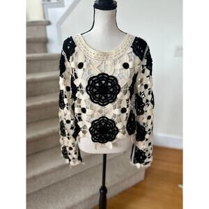 EB Luxe Los Angeles Black & Cream Floral Crochet Sheer Boho Sweater Long Sleeve